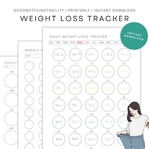 Peut inclure: Un suivi de perte de poids imprimable avec un calendrier quotidien et hebdomadaire. Le calendrier quotidien comporte des cercles pour chaque jour du mois avec un espace pour inscrire les mesures de poids. Le calendrier hebdomadaire comporte des cercles pour chaque jour de la semaine. L'image comprend également une illustration de dessin animé d'une personne portant un jean trop grand.