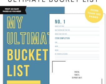May include: A printable bucket list journal with a blue cover and yellow text that says "My Ultimate Bucket List". The journal has over 100 pages and includes a section for each bucket list item with prompts for what inspired the item, when the person plans to do it, and how, where, and when they completed it. There is also a section for photos, tickets, or proof of completion.