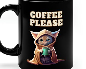 Coffee Please Adorable Baby Yoda Grogu Cat Kitten 11 oz Black Coffee Tea Cute Mug | Nerdy Geeky Gift For Her Him