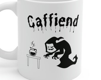 Caffiend - Black Design | Metal Head Music Enthusiast 11 oz White Coffee Tea Mug Gift for Her Him