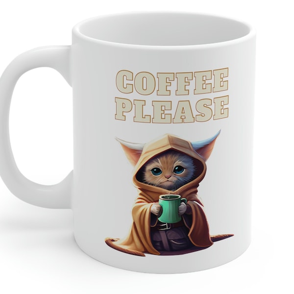 Coffee Please Adorable Baby Yoda Grogu Cat Kitten 11 oz White Coffee Tea Cute Mug | Nerdy Geeky Gift For Her Him