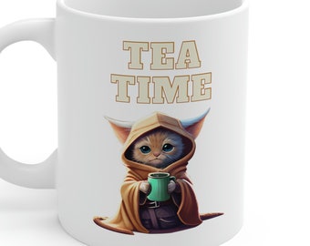 Tea Time Adorable Baby Yoda Grogu Cat Kitten 11 oz White Coffee Tea Cute Mug | Nerdy Geeky Gift For Her Him