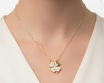 14K Solid Gold Clover Necklace: CZ Shamrock Pendant, Lucky Charm Jewelry