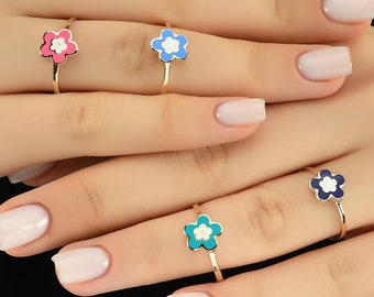 14K Solid Gold Enamel Evil Eye Flower Ring: Stacking Jewelry