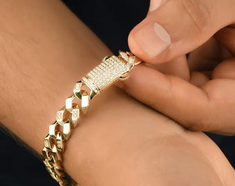 14K Solid Gold Miami Cuban Link Bracelet: 9MM Wide, Monaco Chain, CZ Box Clasp