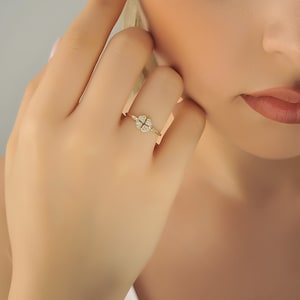 14K Solid Gold Dainty Four Heart Leaf Clover Ring For Her, 4 Four Leaf Lucky Clover Good Luck Diamond Ring, Shamrock Flower Stackable Ring