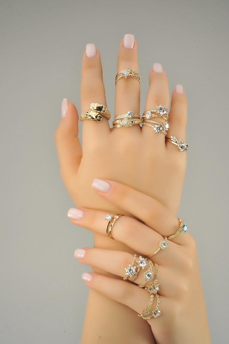 14K Solid Gold Flower Gemstone Ring for Her, Floral Half Eternity