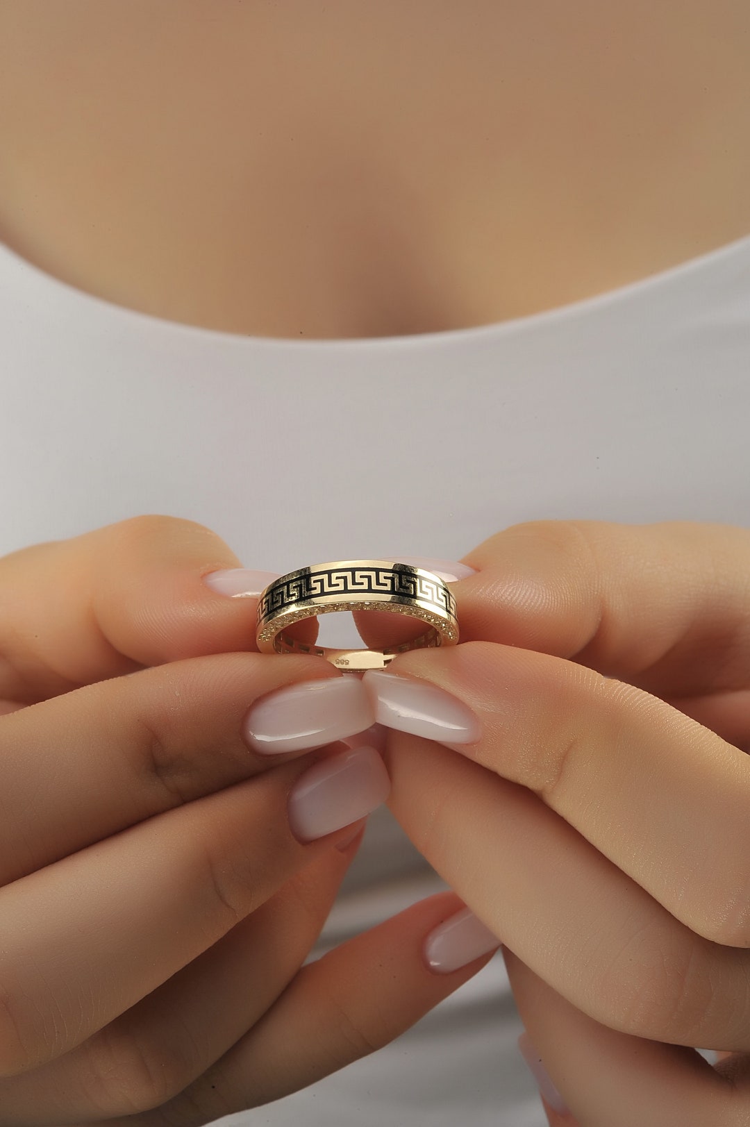 14K Solid Gold Greek Key Ring, Dainty Gold Greek Band Ring, Greek Key