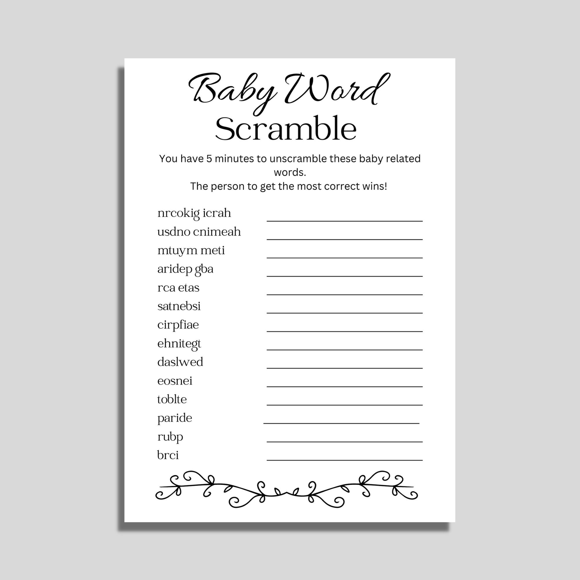 50 Baby Word Scramble Karten – Geschlechtsneutral, Babyshower-Spiel, 5x7 Zoll, Wischfest