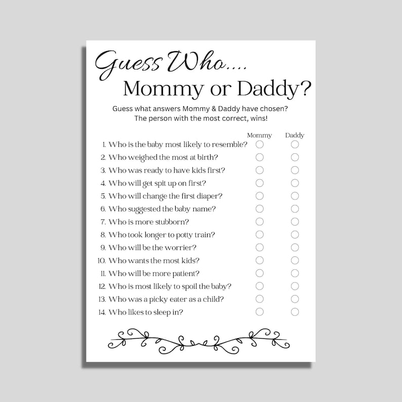 Guess Who Baby Shower Game, Mommy or Daddy, Digital Download, Printable