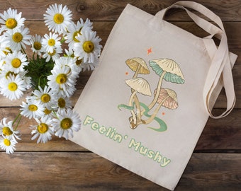 Mushroom Canvas Tote Bag, Mushroom Bag, Cottagecore Bag