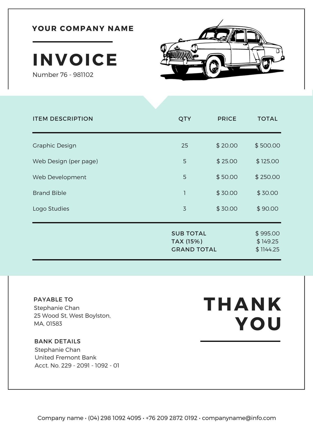 Car Service PDF Invoice Template - Etsy UK