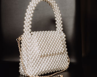 Handmade Ivory Pearl Beaded Handbag, Bridal Purse, Wedding Crossbody Bag, Evening Clutch