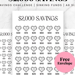 Può includere: Un set di tre fogli di sfida di risparmio in formato A6 con un obiettivo di $2.000. Ogni foglio presenta caselle a forma di cuore con importi variabili da compilare. Il testo "$2,000 SAVINGS" è in alto, con "SAVINGS CHALLENGE | SINKING FUNDS" sotto.
