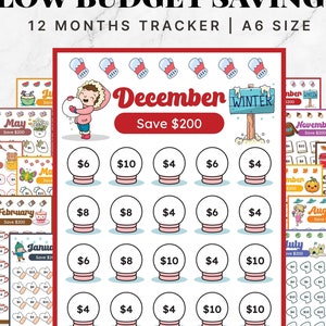 May include: A printable savings tracker for 12 months, with a December theme. The tracker features a cartoon girl holding a snowball and a sign that says "December Winter Save $200". The tracker is divided into a grid of 20 circles, each with a dollar amount inside.