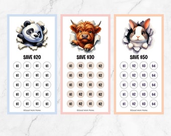 Könnte beinhalten: Drei Spar-Challenge-Karten im A6-Format mit dem Text "PEEKING ANIMALS". Jede Karte zeigt ein anderes Tier, das durch einen zerrissenen Papiereffekt blickt: einen Panda, eine Hochlandkuh und ein Kaninchen. Jede Karte hat ein anderes Sparziel.