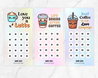Könnte beinhalten: Eine druckbare Sparherausforderung mit drei verschiedenen Designs, die niedliche Comic-Kaffeebecher zeigen. Das erste Design sagt "Love you a Latte" mit einem rosa und blauen Hintergrund. Das zweite Design sagt "Life Begins After Coffee" mit einem blauen und violetten Hintergrund. Das dritte Design sagt "Iced Coffee is my Love Language" mit einem gelben und grünen Hintergrund. Jedes Design hat ein Raster mit Kreisen, in denen die Sparbeträge eingetragen werden können.