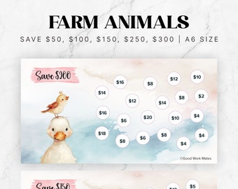 Könnte beinhalten: Zwei druckbare Bingokarten mit Aquarell-Illustrationen von Nutztieren. Die obere Karte zeigt eine Ente mit einem Vogel auf dem Kopf und dem Text "Save $200". Die untere Karte zeigt eine Kuh mit einem Vogel auf dem Kopf und dem Text "Save $150". Jede Karte hat ein Raster mit 16 Kreisen mit Dollarbeträgen von 2 $ bis 20 $.