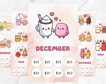 A7 Kawaii Food Perfect Match 12 Month Cash Tracker, A7 Money Savings Challenge, Cash Envelope, Mini Money Tracker, 52 Week Savings Challenge