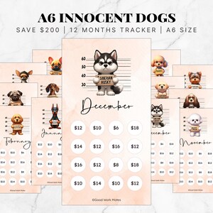 May include: A pink and white printable chart with 12 months of the year, each month featuring a different dog breed. Each month has a set of four circles with dollar amounts in them. The text "Good Work Mates" is at the bottom of the chart.