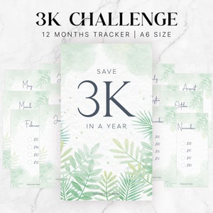 Puede incluir: Un rastreador de ahorros imprimible de 12 meses con un fondo de acuarela verde e ilustraciones de hojas tropicales. El rastreador está diseñado para ayudarte a ahorrar 3.000 € en un año. El texto "Save 3K in a Year" aparece en el rastreador.