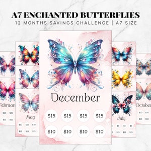 A7 Enchanted Butterflies 12 maanden spaaruitdaging, A7 geldtracker, A7 geldenvelop, A6 maandelijks spaarbudget, 52 weken spaaruitdaging