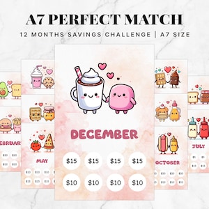 A7 Kawaii Food Perfect Match 12-Monats-Cash-Tracker, A7-Geldspar-Challenge, Bargeldumschlag, Mini-Geld-Tracker, 52-Wochen-Spar-Challenge