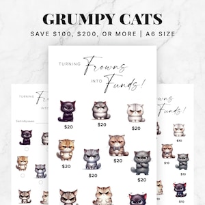 Könnte beinhalten: Ein druckbares Spielblatt mit dem Text "Frowns in Funds verwandeln!" und Bildern von mürrischen Katzen. Jedes Katzenbild hat einen Dollarbetrag daneben, wie z. B. 20 $. Das Spielblatt soll beim Sparen helfen.