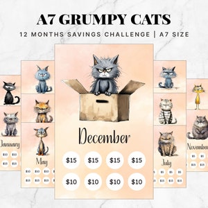 A7 Cute and Mrumpy Cats 12-Monats-Mini-Sparrunde, A7 Cash Tracker, A7 Geldspar-Challenge, A7 Monatliches Sparbudget