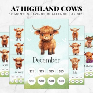 A7 Baby Highland Kühe 12-monatige Spar-Challenge, A7 Cash Tracker, A7 Bargeld-Umschlag, A6 monatliches Sparbudget, 52-Wochen-Spar-Challenge