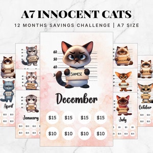 May include: A savings challenge chart featuring 12 different cat breeds, each with a mugshot-style illustration. The chart includes a savings goal for each month, with a total of $15 for December and $20 for October.