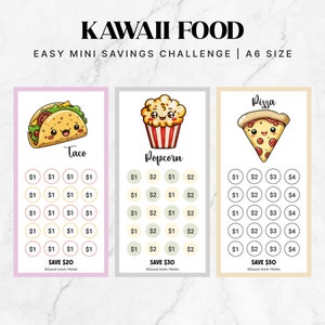 Desafio de economia de alimentos fofos e kawaii A6, desafio de economia de dinheiro, mini rastreador de dinheiro A6, desafio de economia de 52 semanas, pacote de economia