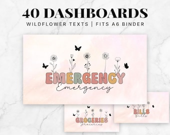 A6 Wildflower Dashboards Cash Envelopes Inserts, A6 Envelopes Binders, A6 Cash Saving Placeholder, Sinking Funds, Home Dashboards, Set of 40