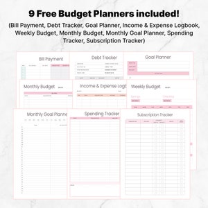 May include: Nine free printable budget planner templates. The templates include a bill payment tracker, debt tracker, goal planner, income and expense logbook, weekly budget, monthly budget, monthly goal planner, spending tracker, and subscription tracker.