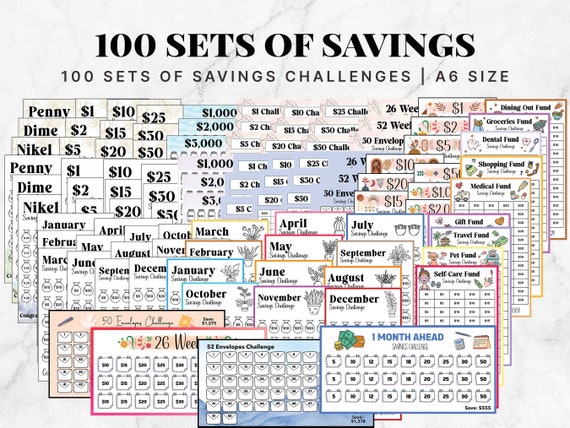 100 Sets of Savings Challenge Bundle, Weekly Monthly Savings Challenge, Cash Stuffing Envelopes, Sinking Funds, A6 Budget Binder, Set of 100