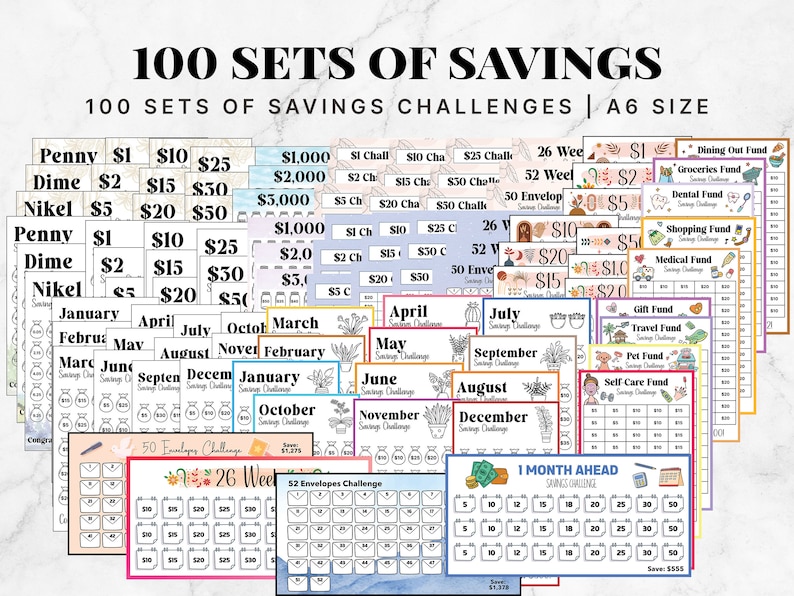 May include: A set of 100 printable savings challenge charts in A6 size. The charts feature different themes, including monthly, weekly, and envelope challenges. The charts are designed to help people save money and reach their financial goals.
