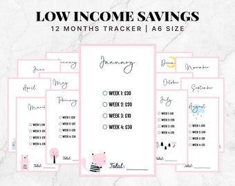 Low Income 12 Month Savings Challenge, Monthly Savings Challenge, Cash Envelope, A6 Mini Money Tracker, 52 Week Savings Challenge, Set of 12