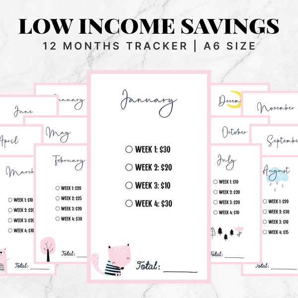 Low Income 12 Month Savings Challenge, Monthly Savings Challenge, Cash Envelope, A6 Mini Money Tracker, 52 Week Savings Challenge, Set of 12