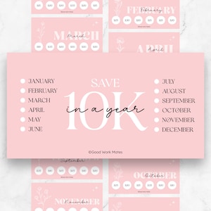 May include: A pink printable chart with a floral design and the text "Save 10K in a year". The chart is divided into 12 sections, one for each month of the year. Each section has a circle for each week of the month, with a pound sterling amount written inside each circle. The chart is designed to help people save money throughout the year.