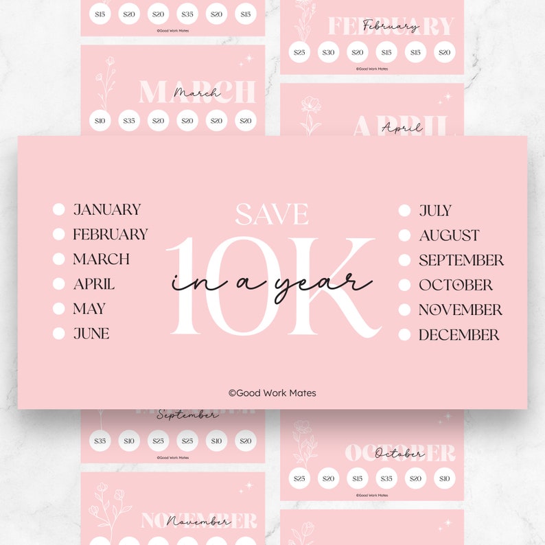 May include: Pink printable chart with a floral design and the text "Save 10K in a year". The chart is divided into 12 sections, one for each month of the year. Each section has a circle for each week of the month, with a dollar amount written inside each circle. The chart is designed to help people save money throughout the year.
