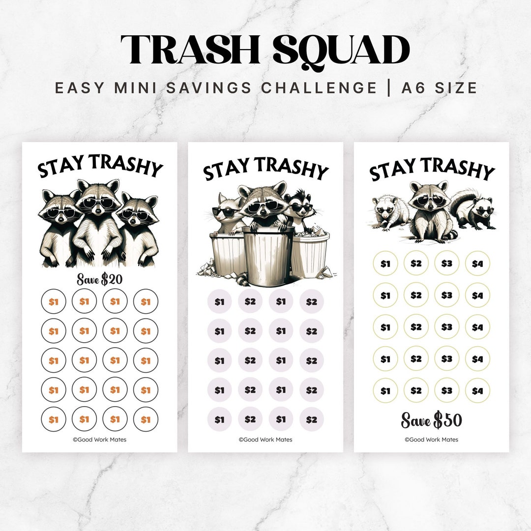 A6 Funny Raccoon Opossum Skunk Trash Mini Savings Challenge, Money