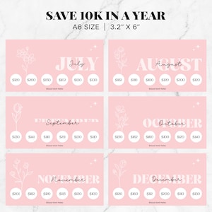 May include: A pink printable chart with a floral design and a savings goal of $10,000 per year. The chart is divided into 12 months, with a suggested savings amount for each month. The months are July, August, September, October, November, and December.