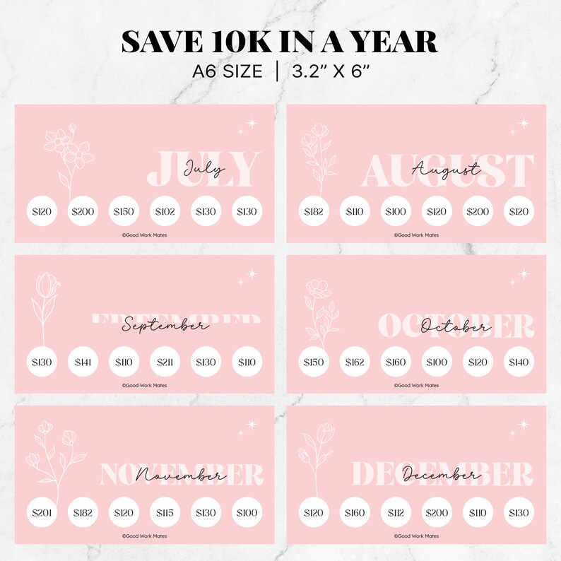 May include: A pink printable chart with a floral design and a savings goal of $10,000 per year. The chart is divided into 12 months, with a suggested savings amount for each month. The months are July, August, September, October, November, and December.