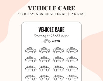 A6 Vehicle Care Savings Challenge, Car Sinking Funds, Cash Stuffing Envelopes, 26 Week Saving Challenges, 52 Week Saving Challenge, A6 Size