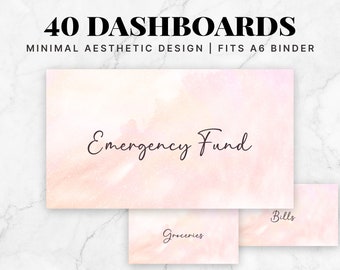 Könnte beinhalten: Ein Satz von vier rosafarbenen und weißen Aquarell-Dashboards mit dem Text "Notfallfonds", "Rechnungen" und "Lebensmittel".
