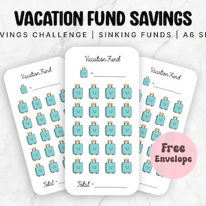 Op de afbeelding: Drie bedrukbare A6-formaat vellen voor een vakantie spaaruitdaging. Elk vel heeft de titel "Vakantiefonds" en een ruimte voor een totaalbedrag. De vellen zijn versierd met een patroon van 36 blauwe koffers met vrolijke gezichten.