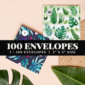 100 Envelope Challenge Set druckbares Pflanzenthema, 100 Cash Envelope Box, 52-Wochen-Umschlag-Challenge, 5050 Spar-Challenge, Geld-Challenge