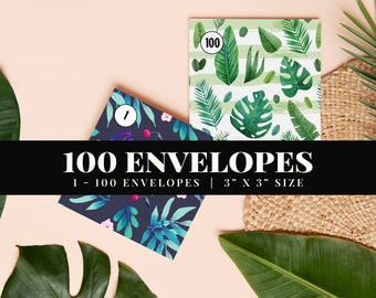 100 封筒チャレンジセット 印刷可能な植物テーマ、100 現金封筒ボックス、52 週間封筒チャレンジ、5050 貯蓄チャレンジ、マネーチャレンジ