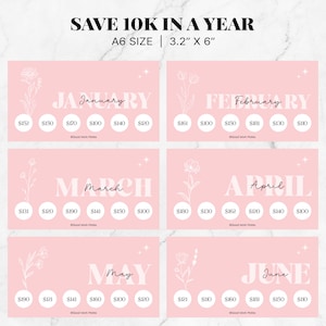 May include: A pink printable chart with a floral design and a title that says "Save 10K in a Year". The chart is divided into 12 sections, one for each month of the year. Each section has a circle for each week of the month, with a dollar amount written inside each circle. The chart is designed to help people track their savings goals.
