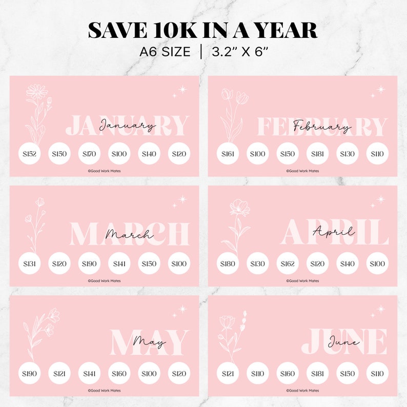 May include: A pink printable chart with a floral design and a title that says "Save 10K in a Year". The chart is divided into 12 sections, one for each month of the year. Each section has a circle for each week of the month, with a dollar amount written inside each circle. The chart is designed to help people track their savings goals.